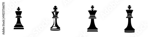 Variety of black king chess icons representing different styles and designs in a simple and modern format