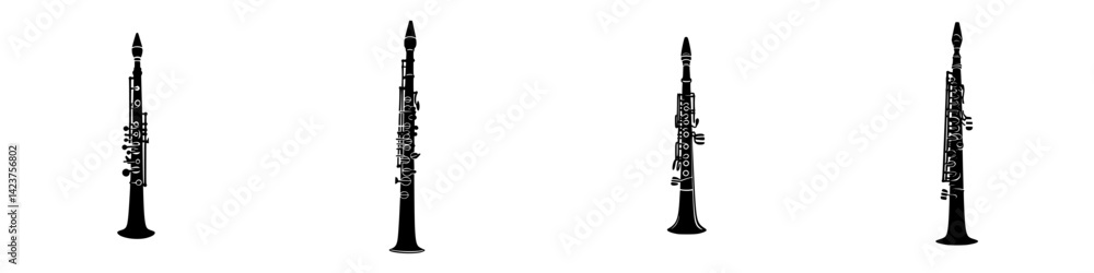 Icon set of four distinctive clarinet designs showcased against a plain background for artistic presentation