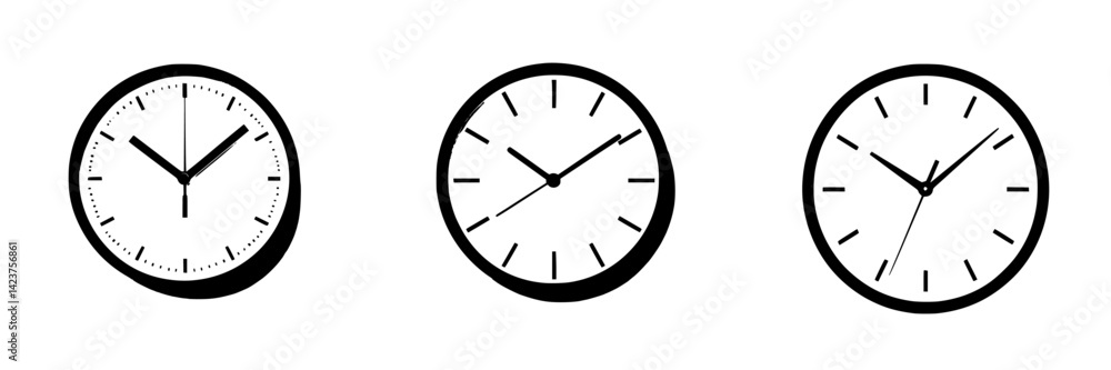 Icon set featuring three distinct clock designs showcasing different styles and time representations for various applications and purposes Icon set featuring three distinct clock designs showcasing different styles and time representations for various applications and purposes
