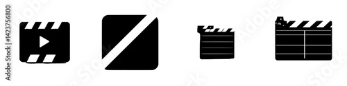 Collection of film-related icons featuring play buttons, clapperboards, and frames for creative design use