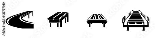 Icon set featuring road, tables, and conveyor belt representations in minimalist black design