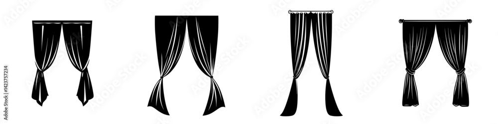 Icon set of various curtain designs for interior decoration and home aesthetics in a modern style Icon set of various curtain designs for interior decoration and home aesthetics in a modern style