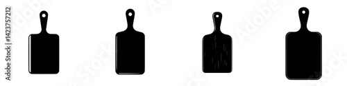Icon set featuring various styles of cutting boards designed for culinary use and kitchen decor in a minimalist format