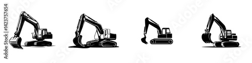 Detailed icon set featuring various excavator designs in black and white for construction and excavation purposes