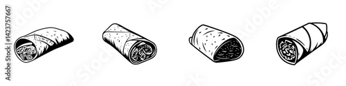 Set of hand-drawn icons depicting various burritos wrapped in tortillas with different fillings and designs showcasing culinary creativity