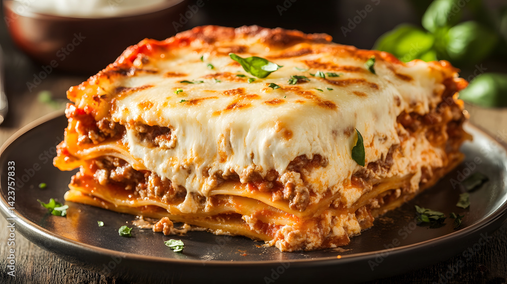 hot, cheesy lasagna slice on plate with layers of gooey cheese, rich meat sauce, and pasta, garnished with fresh herbs hot, cheesy lasagna slice on plate with layers of gooey cheese, rich meat sauce, and pasta, garnished with fresh herbs