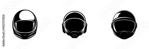 Various helmet designs featuring racing, aviation, and space elements showcased in a minimalist style
