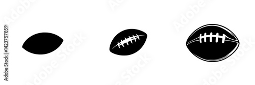 Icon set showcasing various styles of a football in minimalist black design for use in sports-related graphics