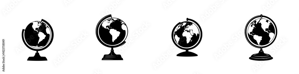 Set of four globe icons showcasing various designs and styles for educational and decorative purposes Set of four globe icons showcasing various designs and styles for educational and decorative purposes