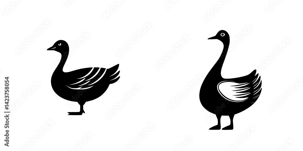 Icon set featuring stylized black and white ducks displaying unique designs for versatile usage in digital and print projects Icon set featuring stylized black and white ducks displaying unique designs for versatile usage in digital and print projects