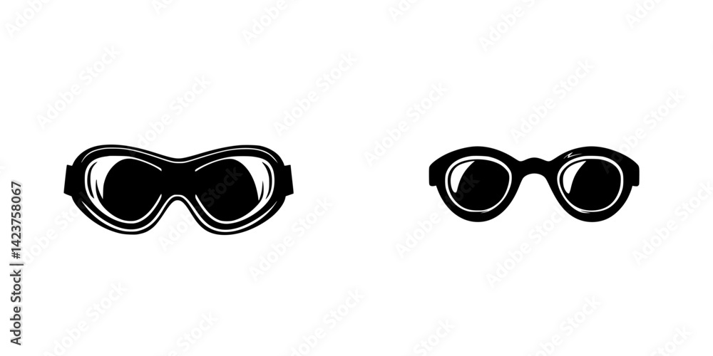 Icon set showcasing two distinct styles of eyewear emphasizing sport goggles and stylish sunglasses for design applications Icon set showcasing two distinct styles of eyewear emphasizing sport goggles and stylish sunglasses for design applications