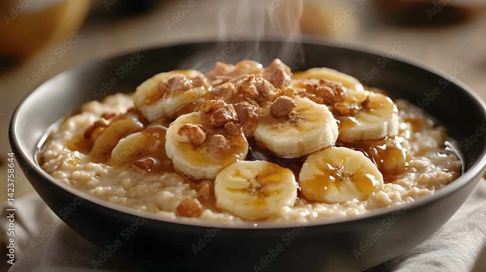 steaming bowl of oatmeal topped with caramelized banana slices and sprinkle of cinnamon creates warm, inviting breakfast steaming bowl of oatmeal topped with caramelized banana slices and sprinkle of cinnamon creates warm, inviting breakfast