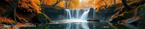 Golden leaves cascade down, mirroring waterfall's flow , autumn, cascade