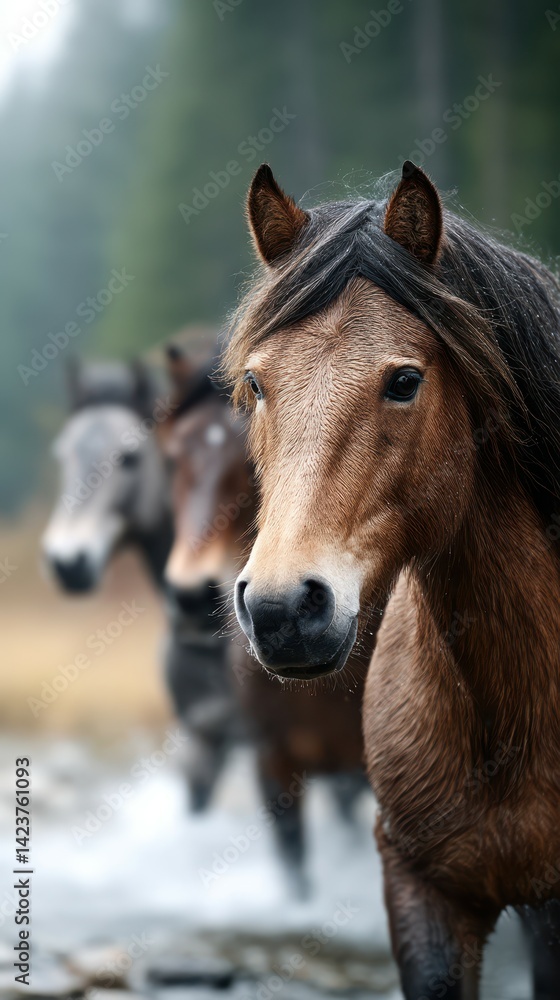 Majestic horses wade through shallow water during a misty morning in a serene forest setting Majestic horses wade through shallow water during a misty morning in a serene forest setting