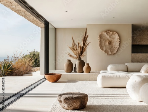 a contemporary minimalists interior of a california coastline house with wide rooms and terrase outside