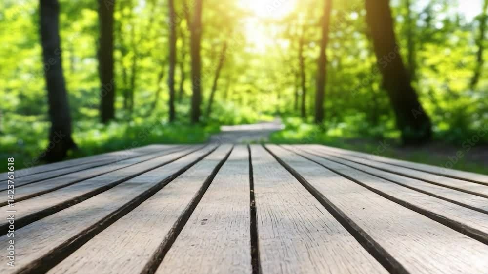 Wooden picnic table in sunlit forest Wooden picnic table in sunlit forest
