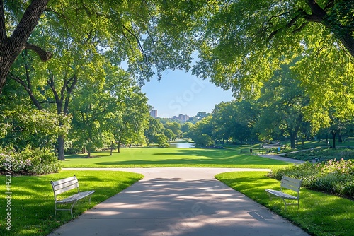 Fototapeta Naklejka Na Ścianę i Meble -  Park Path, Sunny Day, City View