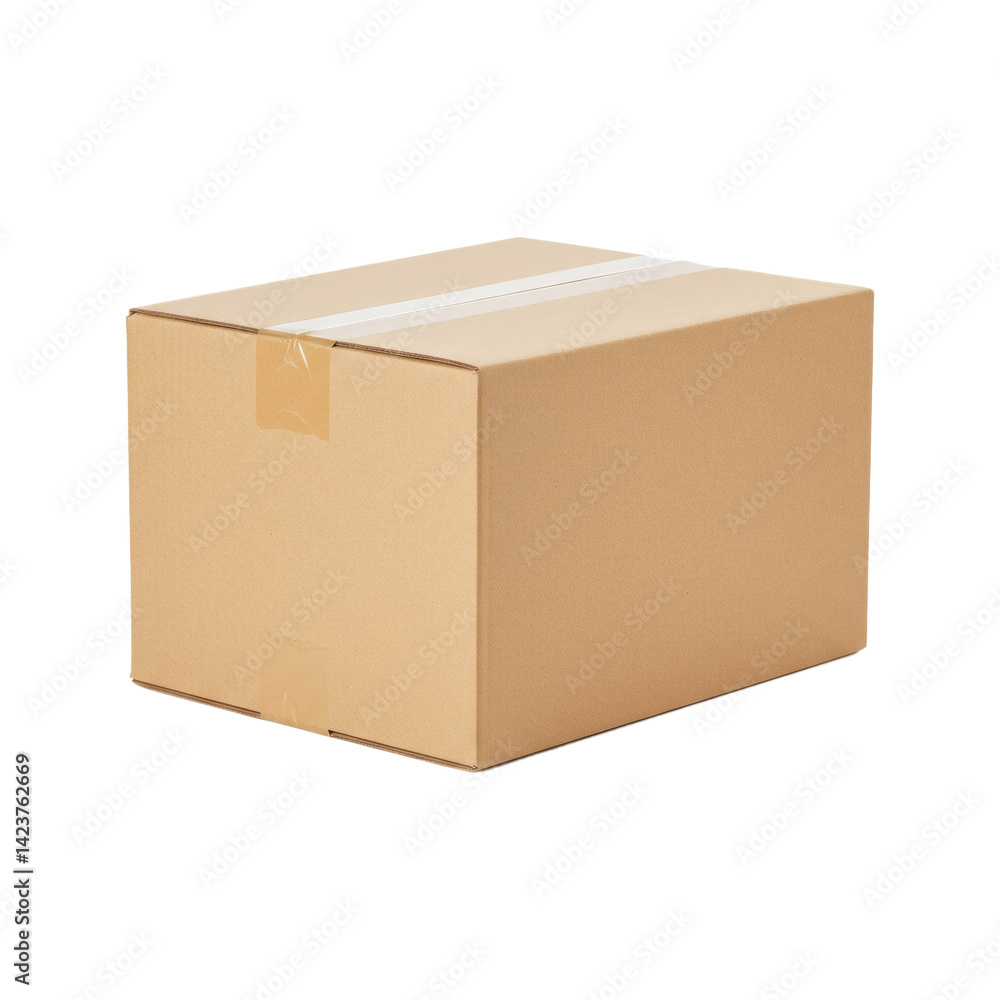 A standard-sized, closed, corrugated cardboard box sits on a plain dark surface, sealed with packing tape and ready for shipping. A standard-sized, closed, corrugated cardboard box sits on a plain dark surface, sealed with packing tape and ready for shipping.