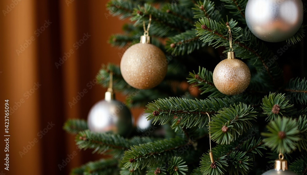 Fototapeta premium Christmas tree ornaments sparkling in festive decorations 