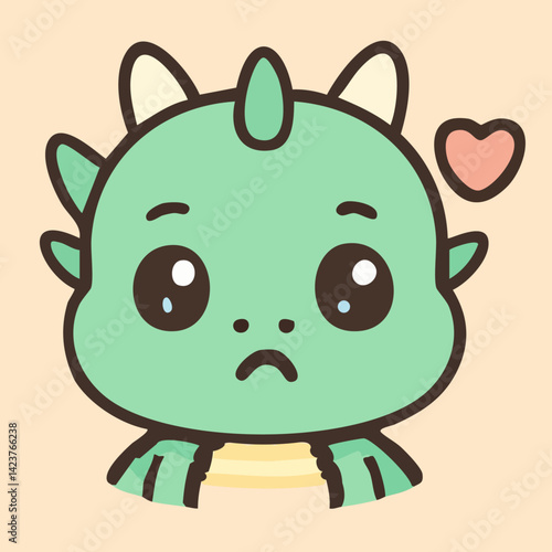 Sad baby dragon with heart symbol and unhappy expression