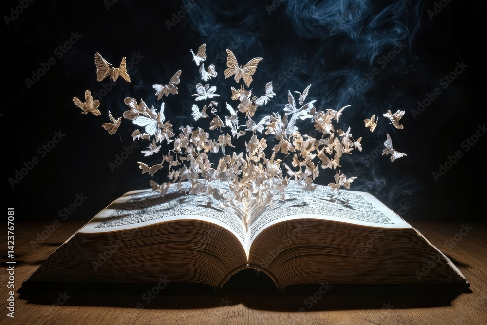 Open book releases a flurry of butterflies in a captivating display of imagination and art