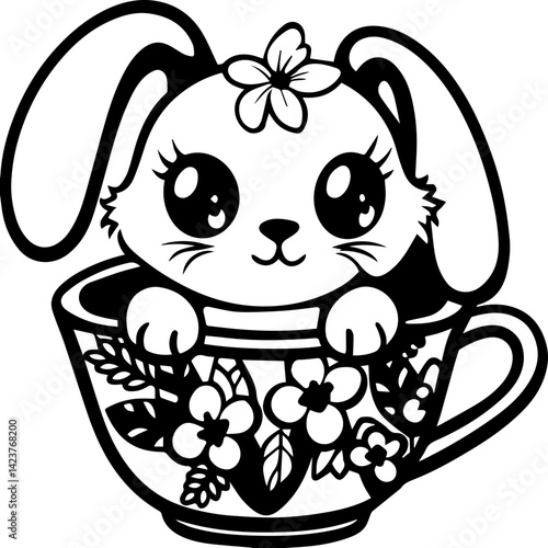 Cute bunny with flowers in a wedding illustration, SVG with clean lines. Cute Cartoon Rabbits Under Floral Archway in Black and White
