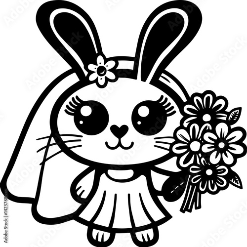 Cute bunny with flowers in a wedding illustration, SVG with clean lines. Cute Bunnies in Love Surrounded by Floral Heart Design
