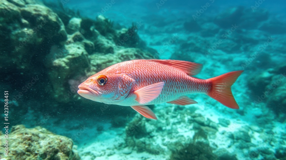 Naklejka premium Ruby Red Snapper Amidst Turquoise Depths: A Serene Underwater Glimpse