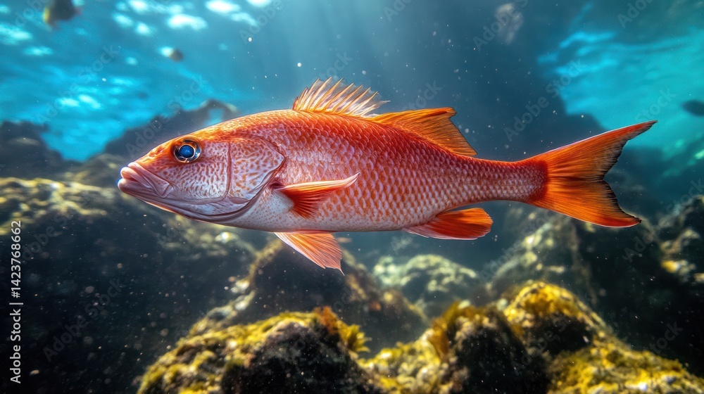 Naklejka premium Scarlet Marine Life: Striking Crimson Snapper Gracefully Swimming in Blue Ocean