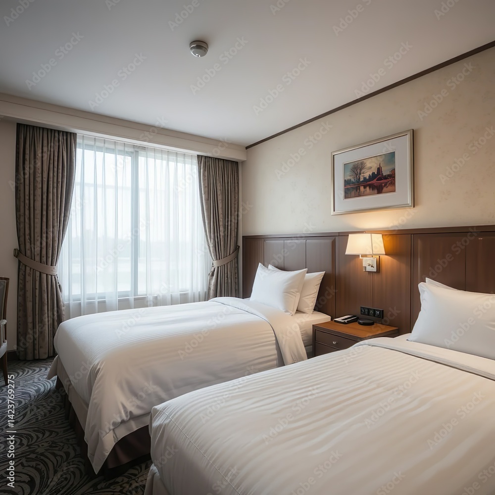 Fototapeta premium Interior of a hotel bedroom with a double bed and lamp