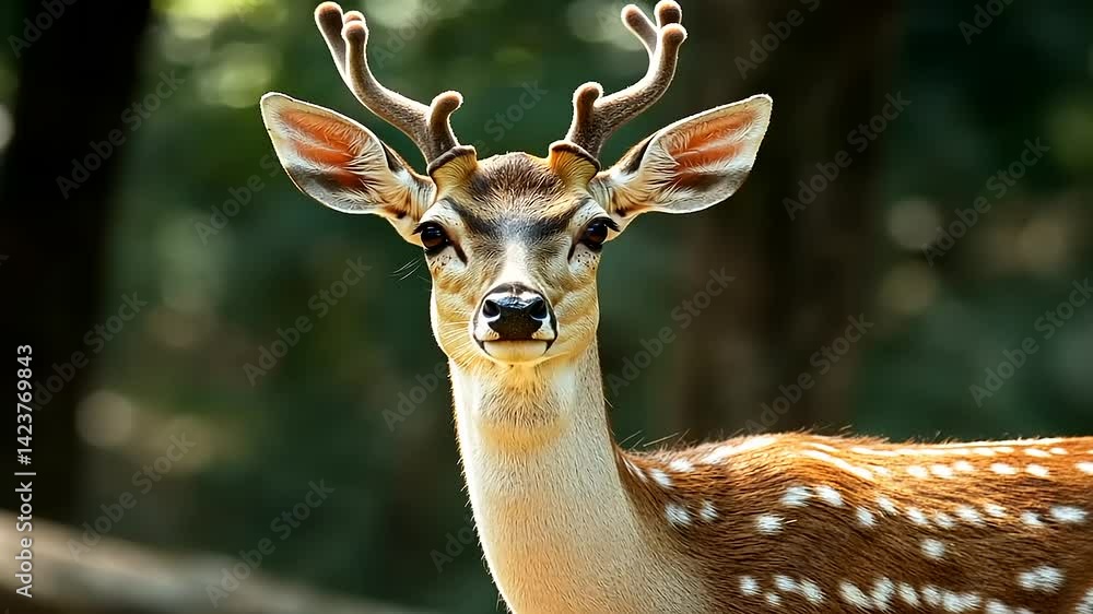Majestic deer with antlers stands in a lush green forest, surrounded by soft sunlight filtering through trees Majestic deer with antlers stands in a lush green forest, surrounded by soft sunlight filtering through trees