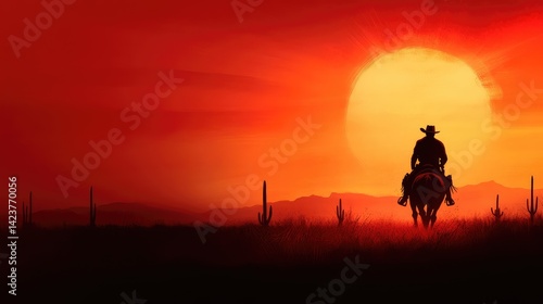 A lone cowboy riding through a desert with cacti in the background.