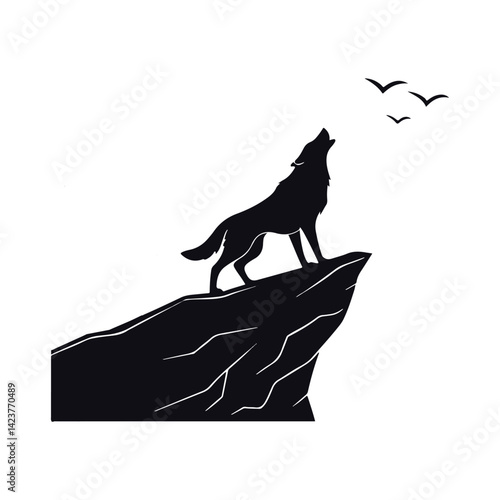 Silhouette of a howling dog on a cliff under a full moon, vector style, dramatic and bold design, perfect for outdoor adventure or animal rescue themes