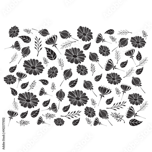set of black and white flowers Set of Flower icons Silhouettes, Abstract botanical flower icon, vector botany floral design Cute round flower plant nature collection, Vector illustrator