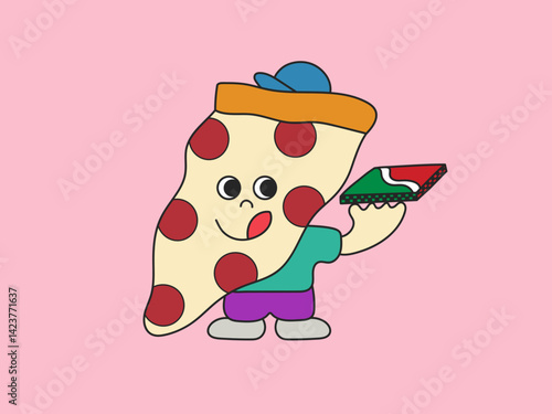 Vector cartoon illustration of a pizza boy delivering pizza