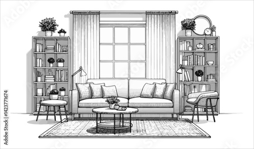 Cozy living room with bookshelves