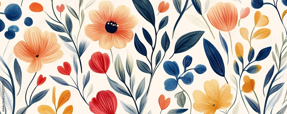 Floral pattern with red, orange and blue flowers on white background Floral pattern with red, orange and blue flowers on white background