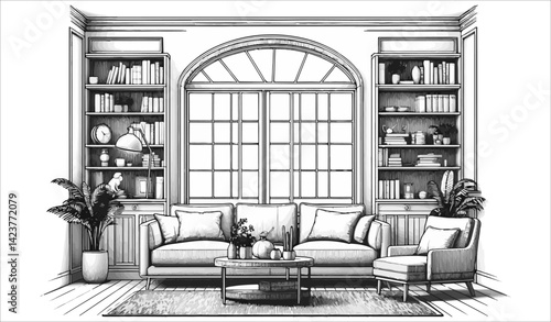 Stylish living room with classic decoration in skecth art