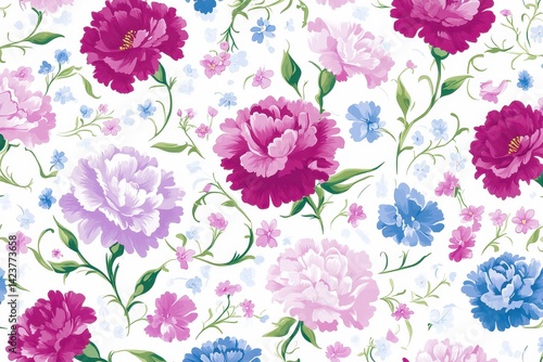 Romantic floral arrangement with vibrant peonies and delicate foliage in a seamless pattern