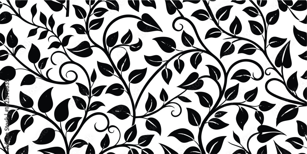 Seamless Black and White Floral Pattern with Elegant Leaves and Vines Seamless Black and White Floral Pattern with Elegant Leaves and Vines