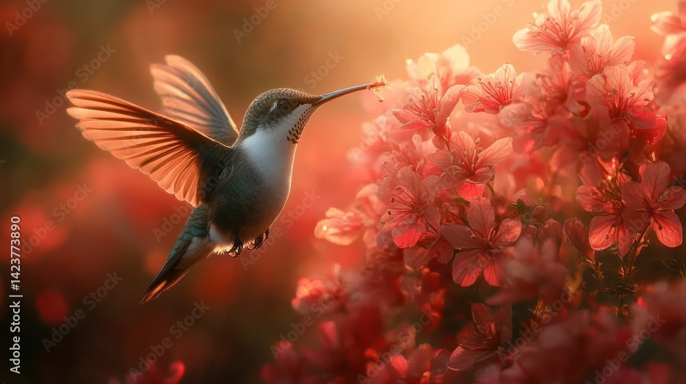 Fototapeta premium Hummingbird flying flowers soft focus