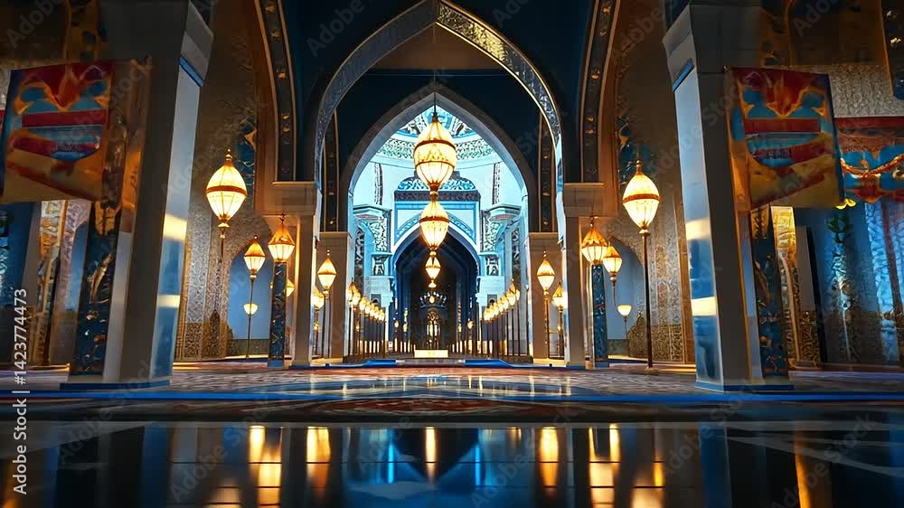 Majestic interior of a grand palace with intricate designs, chandeliers, and vibrant banners Majestic interior of a grand palace with intricate designs, chandeliers, and vibrant banners