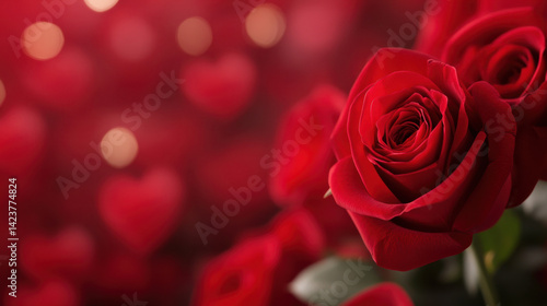 Beautiful red roses in romantic setting create perfect backdrop for love and affection, ideal for Valentine Day or special occasions. soft focus adds dreamy quality to image