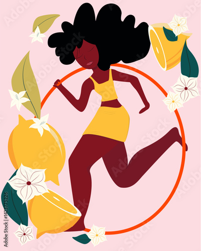girl with a glass of champagne, beautiful dark-skinned girl running with a circle, sportswoman with gymnastic circles surrounded by fruits, flowers and lemons around the girl, Illustration for poster,