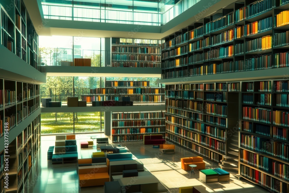 Modern library interior featuring colorful bookshelves and cozy seating areas in daylight