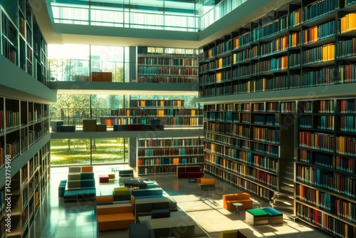 Obraz na płótnie Modern library interior featuring colorful bookshelves and cozy seating areas in daylight w salonie