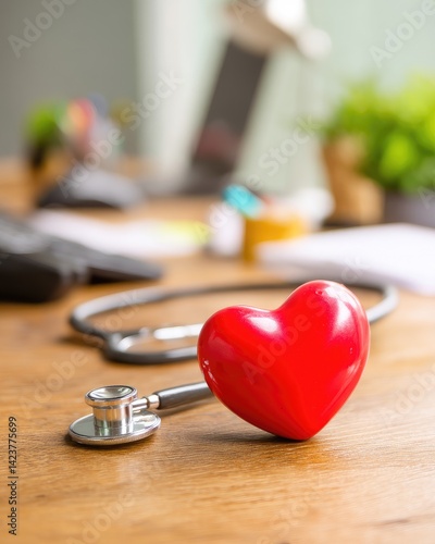 Red heart love shape hand exercise ball with doctor physician's stethoscope on an office desk in a medical: Hospital life insurance concept: World Heart Health Day. World Hypertension Day. MZ