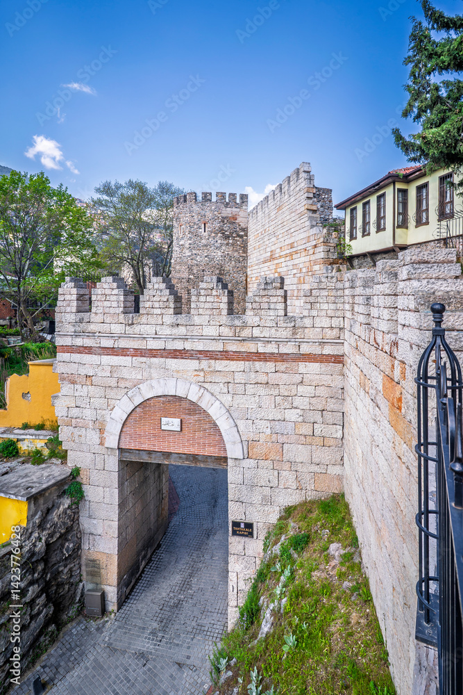 The Tahtakale Gate of Bursa Castle in Bursa City of Turkey