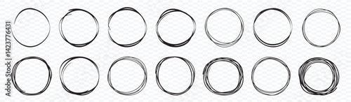 Hand-drawn circle line sketch set. Vector circular scribble doodle round circles for message note mark design element. Pencil or pen graffiti, bubble or ball draft illustration 