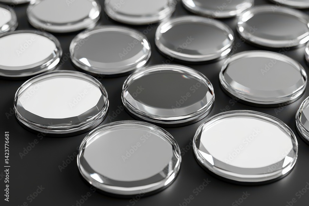 Reflective discs arranged on a dark surface creating an abstract pattern Reflective discs arranged on a dark surface creating an abstract pattern